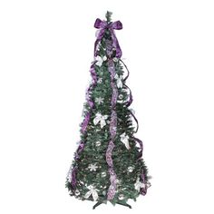 a christmas tree with purple and white ribbons on it's top, in front of a white background