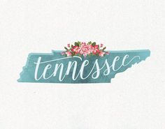 the state of tennessee with pink flowers and leaves on it's side, painted in watercolor