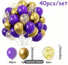 purple and gold balloons with confetti on them are shown in the image below