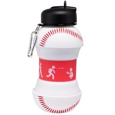 a white and red baseball shaped water bottle with a keychain hanging from it