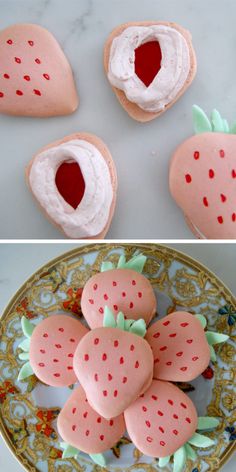 strawberry shaped cookies are on a plate and one is cut in half to look like strawberries