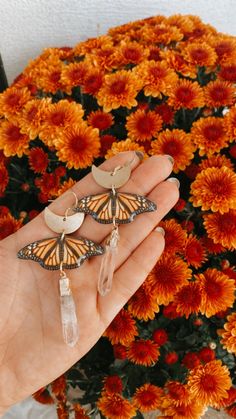 Gold Butterfly Wing Dangle Earrings. Beautiful pair of statement earrings! Would make a great gift! *Butterfly is not real* All metal components are gold plated. Moon peice is brass Care Instructions: To clean wipe with a damp cloth. Avoid using chemicals on them. Not recommended for wear during sleep or in water. Do not get wet or store in damp places. Clay is durable but can be scratched or broken.  All earrings are handmade and will have slight variations/imperfections in each individual earring. Bohemian Butterfly Earrings For Pierced Ears, Bohemian Butterfly Jewelry With Pierced Design, Clothing Collage, Funky Style, Butterfly Wing, Funky Fashion, Boho Gifts, Gold Butterfly, Butterfly Wings