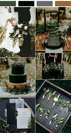 a collage of photos with green and black wedding colors, including greenery on the table