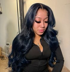 Dark Blue Wig Hairstyles, Dark Blue Outfit Black Women, Black Blue Wigs For Black Women, Blue Sew In Weave Black Women, Navy Blue Lace Front Wig, Blue Black Hair Color Black Women, Outfits With Blue Hair, Dark Blue Hair Black Women