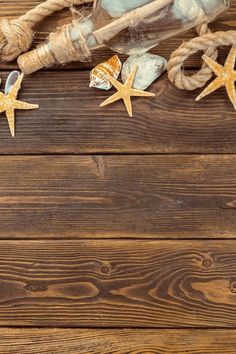 starfish, seashells and rope on wooden background