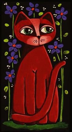 a painting of a red cat surrounded by flowers