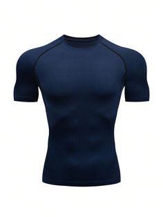 Navy Blue  Collar Short Sleeve Knitted Fabric Plain  Embellished High Stretch  Men Activewear Gym Clothes Men, Men Activewear, Gym Outfit Men, Clothes Men, Running Fitness, Gym Clothes, Summer Sports, Mens Short Sleeve Shirt, Training Shorts