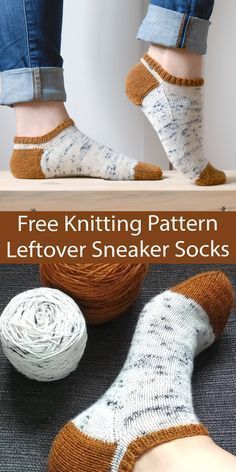 a woman's feet wearing socks with text overlay that reads free knitting pattern leftover sneaker socks