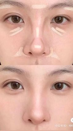 Makeup Ideas Under Eyes, Japanese Nose Contour, Foundation Tips How To Apply, Korean Nose Makeup, Nose Countering Tutorial, Triple Eyelid Makeup, Korean Makeup Contour, Concealer Placement Chart, Cute Makeup Looks Aesthetic Natural