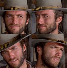 four different pictures of the same man wearing a cowboy's hat with multiple facial expressions