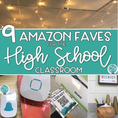 the words amazon faves for the high school classroom are surrounded by photos of various items