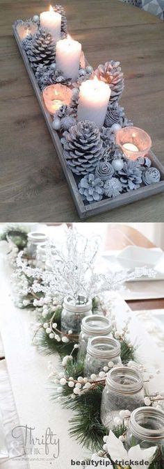 the table is decorated with pine cones and candles