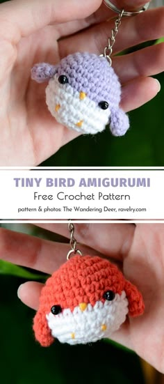 tiny bird amigurmi crochet keychain is shown in two different colors