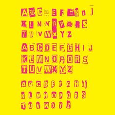 the alphabet is made up of letters and numbers in grungy style on a yellow background