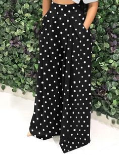 Black Polka Dot Wide Leg Bell-bottomed Pants Non-stretch Polka Dot Summer Bottoms, Polka Dot Summer Bottoms With Pockets, Polka Dot Wide Leg Bottoms With Pockets, Polka Dot Wide Leg Pants With Elastic Waistband, Summer Wide Leg Polka Dot Pants, Casual Wide Leg Polka Dot Pants, Polka Dot Wide Leg Summer Pants, Polka Dot Wide-leg Pants With Elastic Waistband, Casual Wide-leg Polka Dot Pants