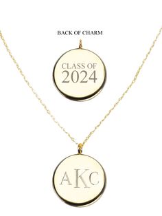 Help your favorite graduate celebrate this momentous occasion by giving them a gift that will remind them of their accomplishments for years to come. For a limited time only, we are offering a custom monogram option! The Front of the Charm bears the recipient's monogram or initial and the Back is engraved with Class of 2023! Initials should be entered as they should appear on the product. For example, if your name is Kiel James Patrick, and you would like the traditional last name as the middle Personalized Gold Necklace For Graduation Gift, Monogram Pendant Necklace, Ring Redesign, Gold Class, Redesign Ideas, Puzzle Frame, Kiel James Patrick, Monogram Outfit, Monogram Pendant