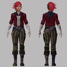 a female character with red hair and striped pants