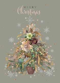 a christmas card with an illustration of a potted plant and snowflakes on it