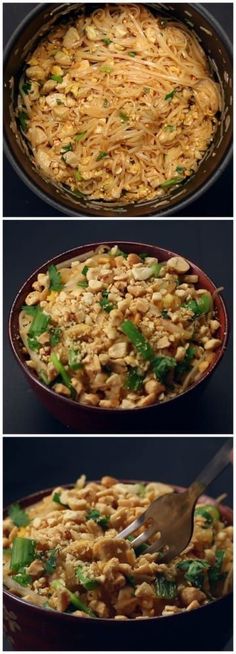 three pictures showing different stages of cooking pasta in a pan and then being stirred with a spoon