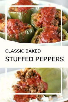 three different pictures of stuffed peppers on a white plate with rice and sauce in them