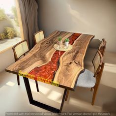 a dining table made out of wood with chairs around it and a potted plant on top