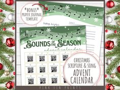 a christmas themed calendar with musical notes and ornaments