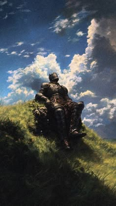 a painting of a man sitting on top of a grass covered hill under a cloudy blue sky