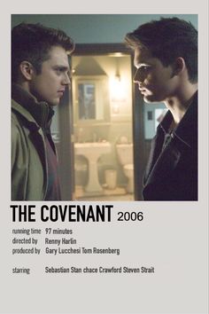 two men standing next to each other in front of a door with the words the covenant on it