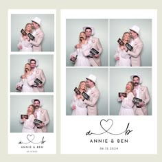 a couple posing for a photo in their wedding photo booth