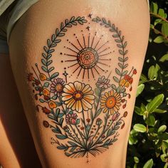 Artistic Wildflower Tattoo Sketches Field Of Flowers Tattoo Sleeve, Traditional Style Feminine Tattoo, Garden Flowers Tattoo, Bold Color Tattoo, American Traditional Vine Tattoo, Flower Peace Sign Tattoo, Forarm Sleeve, Floral Wreath Tattoo, Traditional Strawberry Tattoo