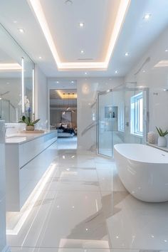 a large white bathroom with an oval bathtub