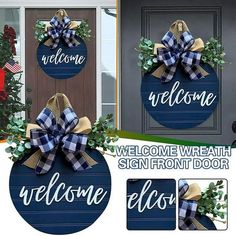 the welcome sign and door hangers are decorated with blue plaid bows, greenery and burlocks