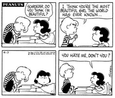 peanuts comic strip with two people talking to each other and one person sitting at a table