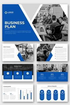 a blue and white business plan template is shown in the center of this image, there are