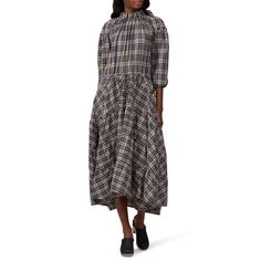 Brown plaid crepe (58% Viscose, 38% Wool, 4% Elastane). Hourglass. Three quarter sleeves. High neckline. Exposed back button down closure. Partially lined. 55" from shoulder to hemline. Imported. Plaid Midi Dress For Daywear, Plaid Midi Length Dress For Daywear, Chic Plaid Midi Dress For Daywear, Fitted Plaid Midi Dress For Daywear, Plaid Tie, Rent The Runway, Closet Designs, Brown Plaid, Tiered Dress