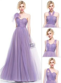 four photos of a woman in a purple dress with tulle on the skirt and shoulder