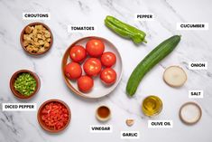 the ingredients to make this dish include tomatoes, cucumbers, onion, garlic and seasoning