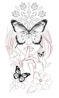 a drawing of a girl with butterflies on her face and flowers in front of her