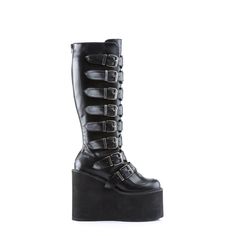 Demonia SWING-815 Black Vegan Leather 5 1/2"" (14cm) Wedge Platform Goth Punk Gogo Knee Boot with Metal Plates, Full Back Zipper Platform Knee Boots, Demonia Boots, Knee High Platform Boots, Alternative Shoes, Single Sole Heels, Vegan Style, Demonia Shoes, Festival Shoes, Punk Boots