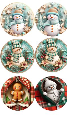 four plates decorated with snowmen and christmas decorations