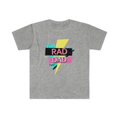 "This totally tubular Rad Dad shirt is perfect for dads who love the 80s or 90s. The retro graphic style and Rad Dad text makes a perfect gift for father's day or dad's birthday! We also have a matching \"Rad Like Dad\" kids tee! Makes a great combo gift. https://www.etsy.com/listing/1028775701/rad-like-dad-kids-shirt-retro-90s-kids The unisex soft-style t-shirt puts a new spin on casual comfort. .: 100% Cotton (fiber content may vary for different colors) .: Light fabric (4.5 oz/yd² (153 g/m .: Retro Cotton T-shirt For Father's Day, Graphic Print Streetwear Tops, Retro Graphic Print T-shirt For Father's Day, Retro Letter Print Tops For Father's Day, Fun Graphic Print T-shirt For Father's Day, Fun Father's Day T-shirt With Graphic Print, Dad's Birthday, Graphic Style, 90s Kids