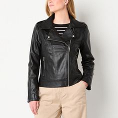 Add a cool edge to your wardrobe with this a.n.a women's midweight motorcycle jacket. Crafted from faux leather for a fitted-fit, it features a notch lapel, a full-zip front, long sleeves, and front zip pockets. Wear it with everything from jeans to flowy dresses. Closure Type: ZipperFit: FittedPockets: 2 Front Zip PocketsSleeve Length: Long SleeveWarmth Factor: MidweightApparel Length: 22 Inches - BackOuterwear Length: ShortFiber Content: 100% ViscoseFabric Description: Faux LeatherLining Mater Motorcycle Jacket Women, Leather Coats, Flowy Dresses, Motorcycle Jackets, Faux Leather Coat, Flowy Dress, Leather Coat, Motorcycle Jacket, Zip Pockets