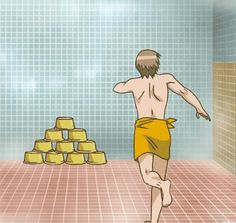 a man in a yellow towel is running towards stacks of toilet paper on the floor