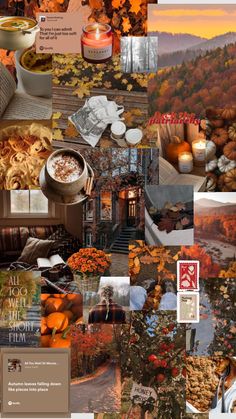 a collage of photos with autumn leaves and pumpkins