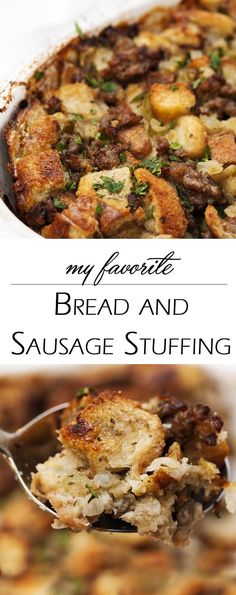 sausage stuffing in a casserole dish is shown with the title text above it