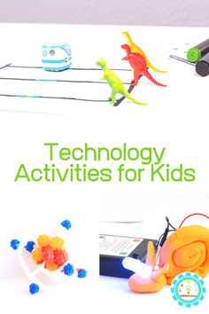 the cover of technology activities for kids with toy dinosaurs and toys in front of them