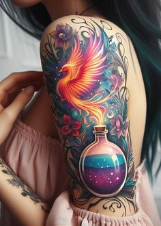 a woman's arm with a colorful tattoo on it and a bird in a bottle