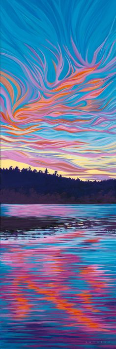 an abstract painting of colorful clouds over water