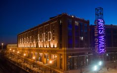 an aerial view of a building at night