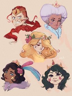 four princesses with different hair styles and makeup looks like they're from the disney movie